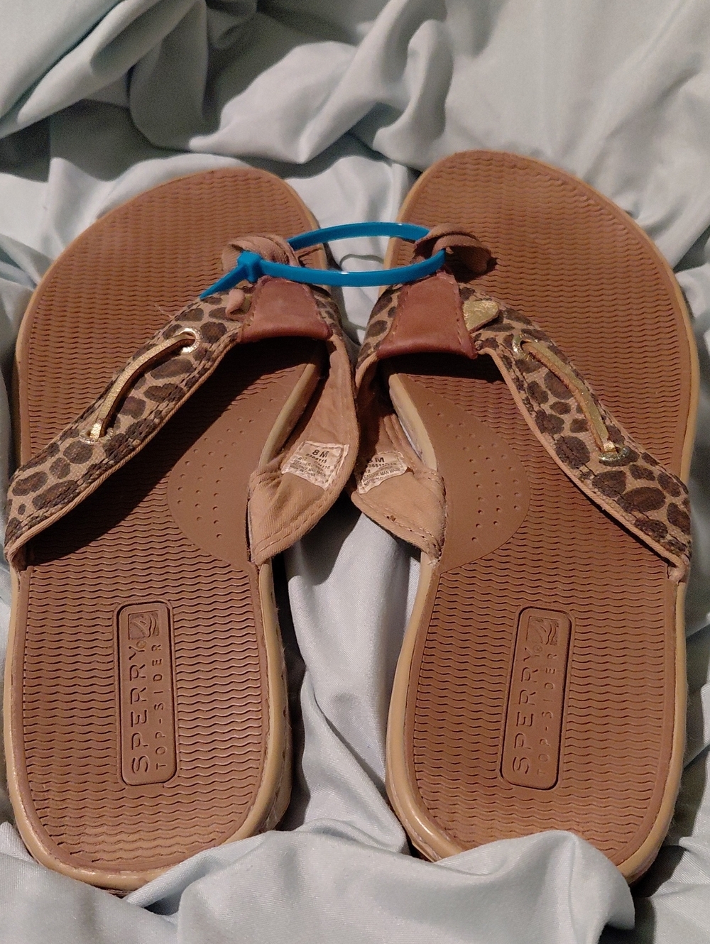 Sperry Leopard-Print Brown Thong Sandals with Gold Accent